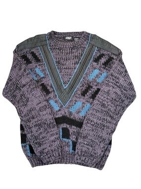 Vintage 80s Geometric Chunky Knit Sweater Leather Trim Street Scenes Small Korea